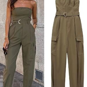NWT. Zara Khaki Cotton Blend Strapless Cargo Belted Jumpsuit. Size L